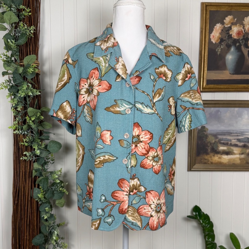 Alfred Dunner Floral Button Up Blouse Size 14 Teal Excellent Short Sleeve